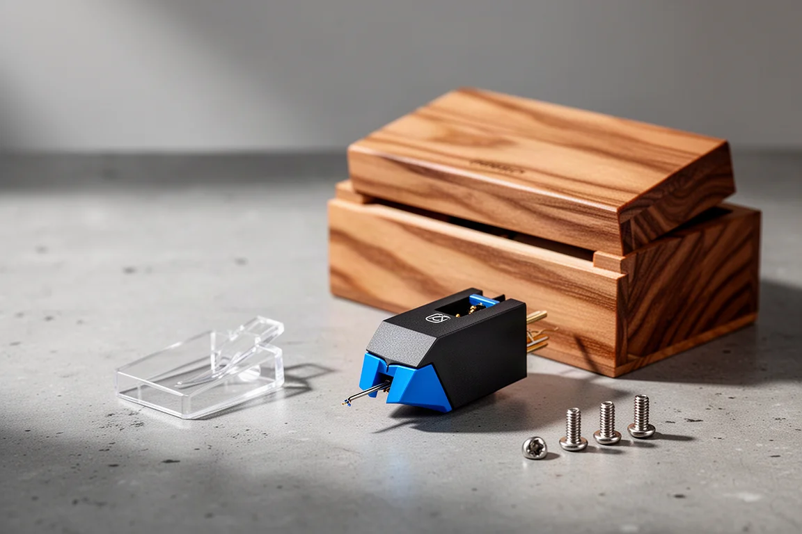Sumiko Wellfleet phono cartridge beside its open cedar presentation box on a concrete surface