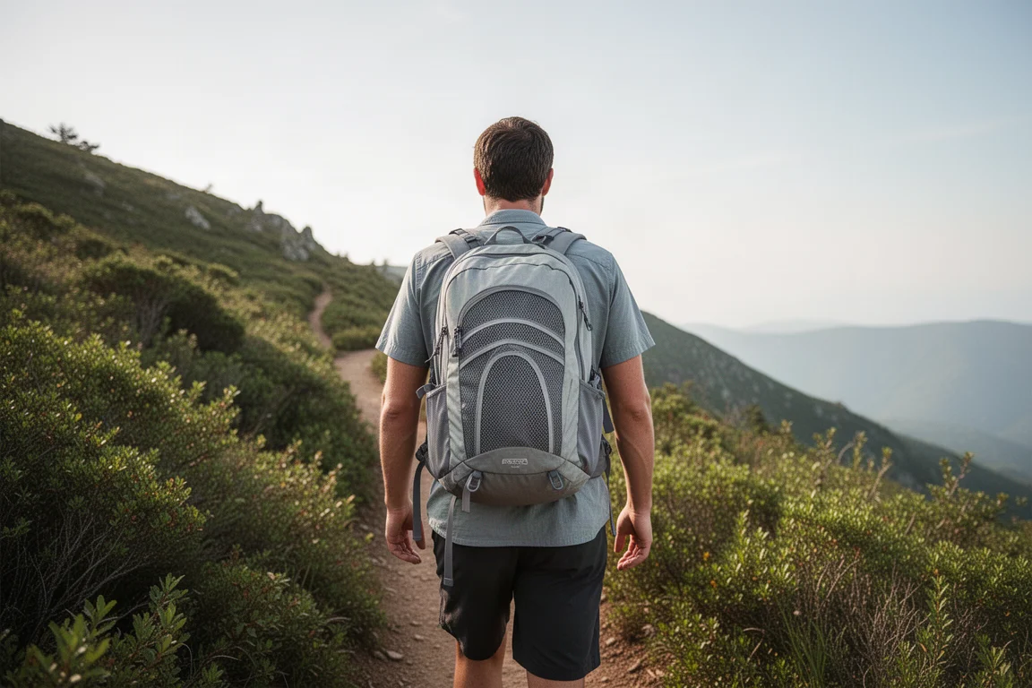 Randonneur ajustant un sac léger avec un panneau dorsal en mesh visible sur un sentier ensoleillé