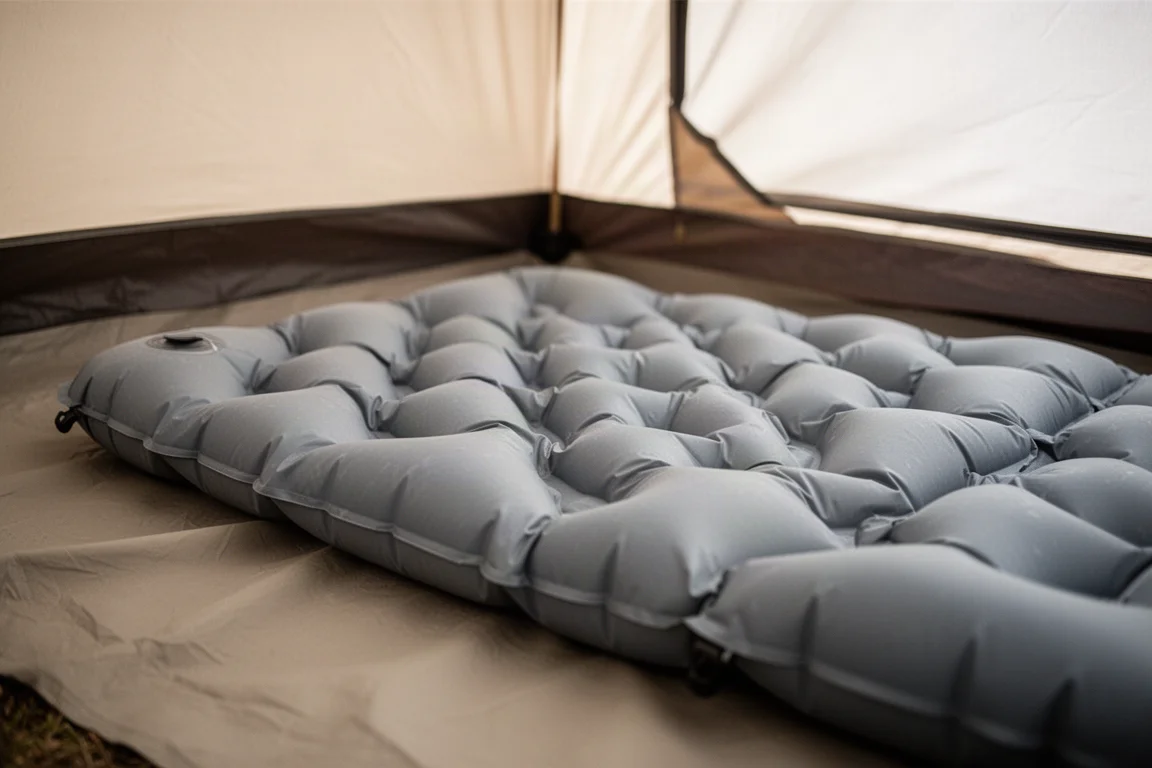 Gros plan sur un matelas gonflable avec des vallées soudées sur le sol d'un camping