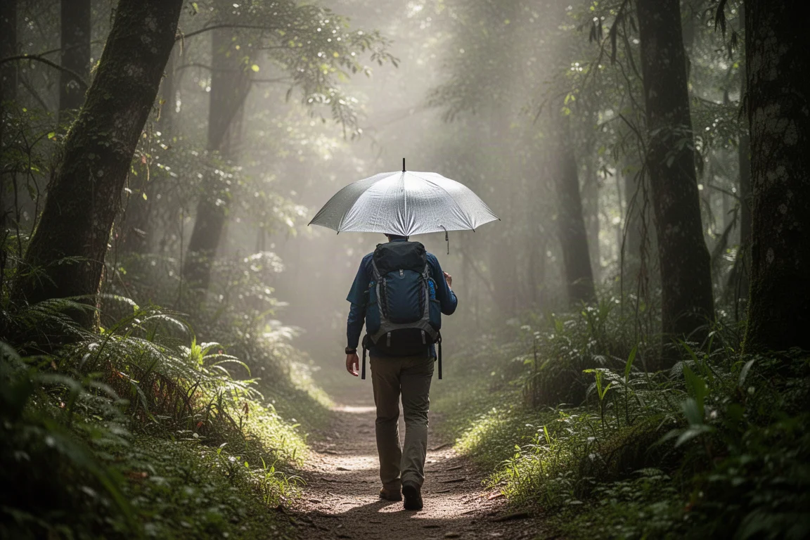 Randonneur tenant un parapluie réfléchissant sur un sentier forestier humide