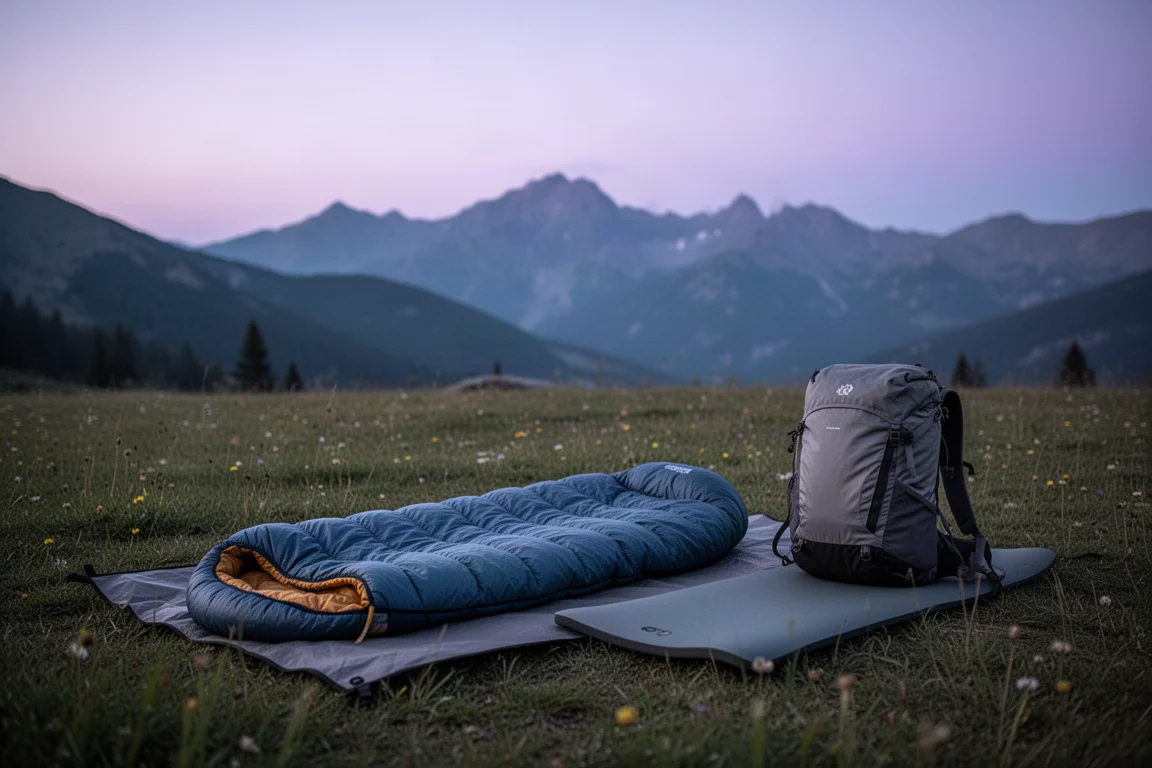 Camping au crépuscule avec une couette ultralégère et un matelas déployés