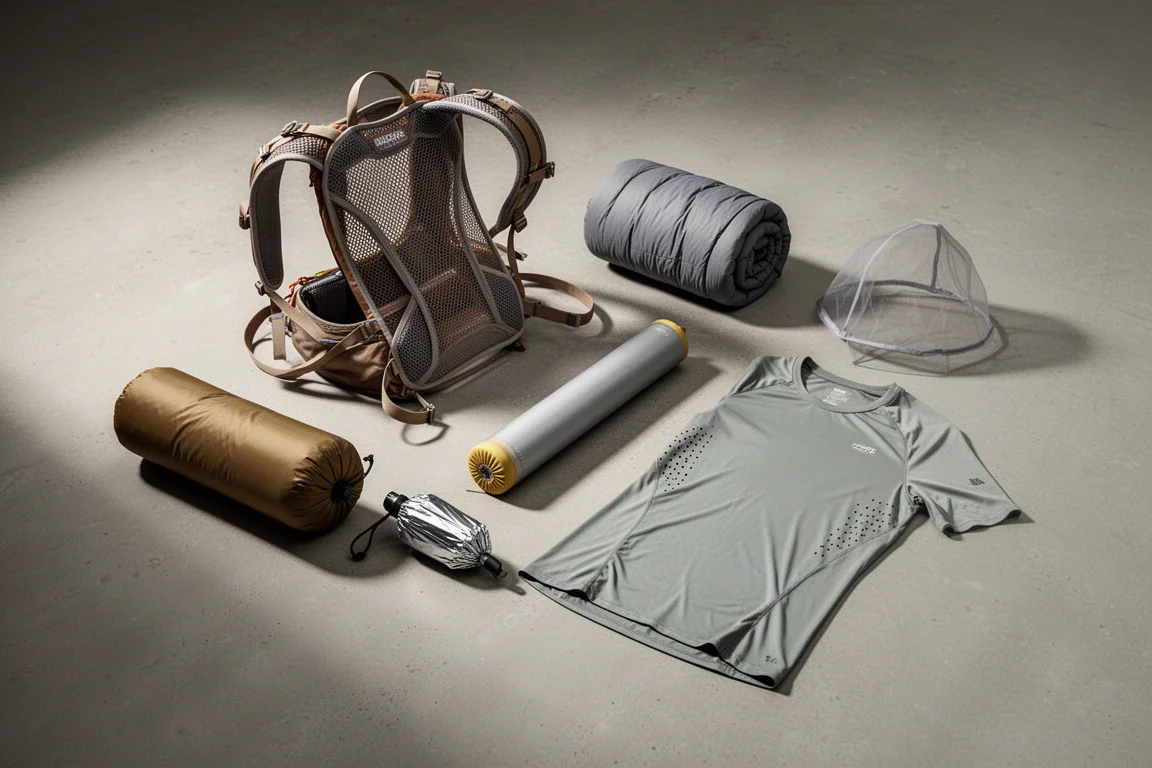 Ultralight summer backpacking gear arranged on a matte concrete surface