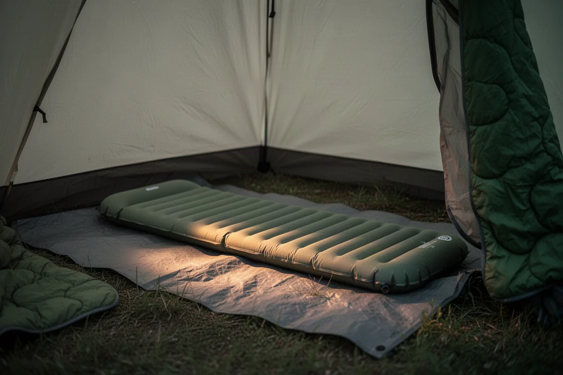 Colchoneta inflada delgada dentro de un pequeño refugio de campamento de verano al atardecer