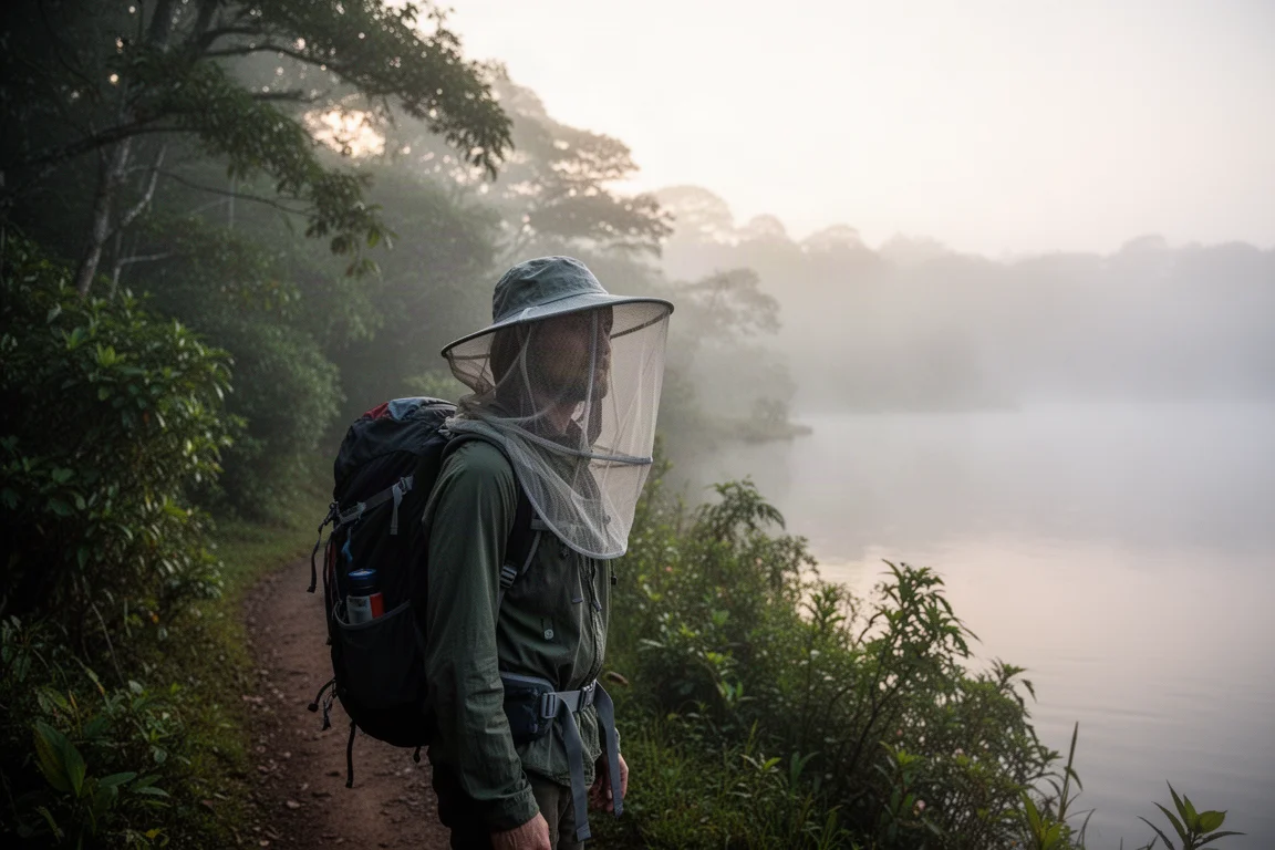 Senderista con una red de malla fina para la cabeza en un sendero junto a un lago brumoso al amanecer