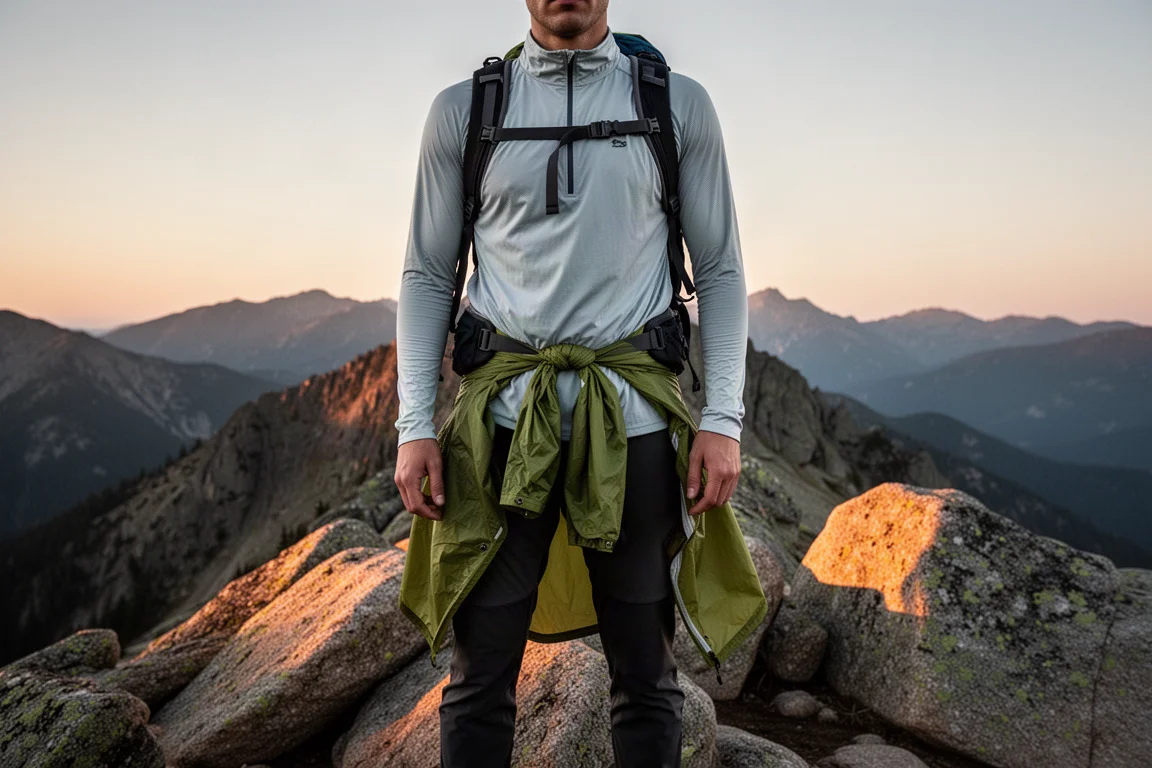 Backpacker on a rocky ridge at dusk wearing a light synthetic layer