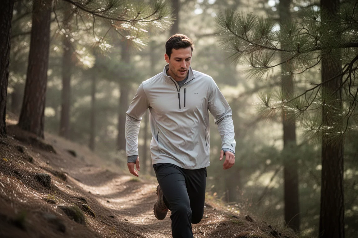Hiker climbing a forested trail in a lightweight synthetic half-zip pullover