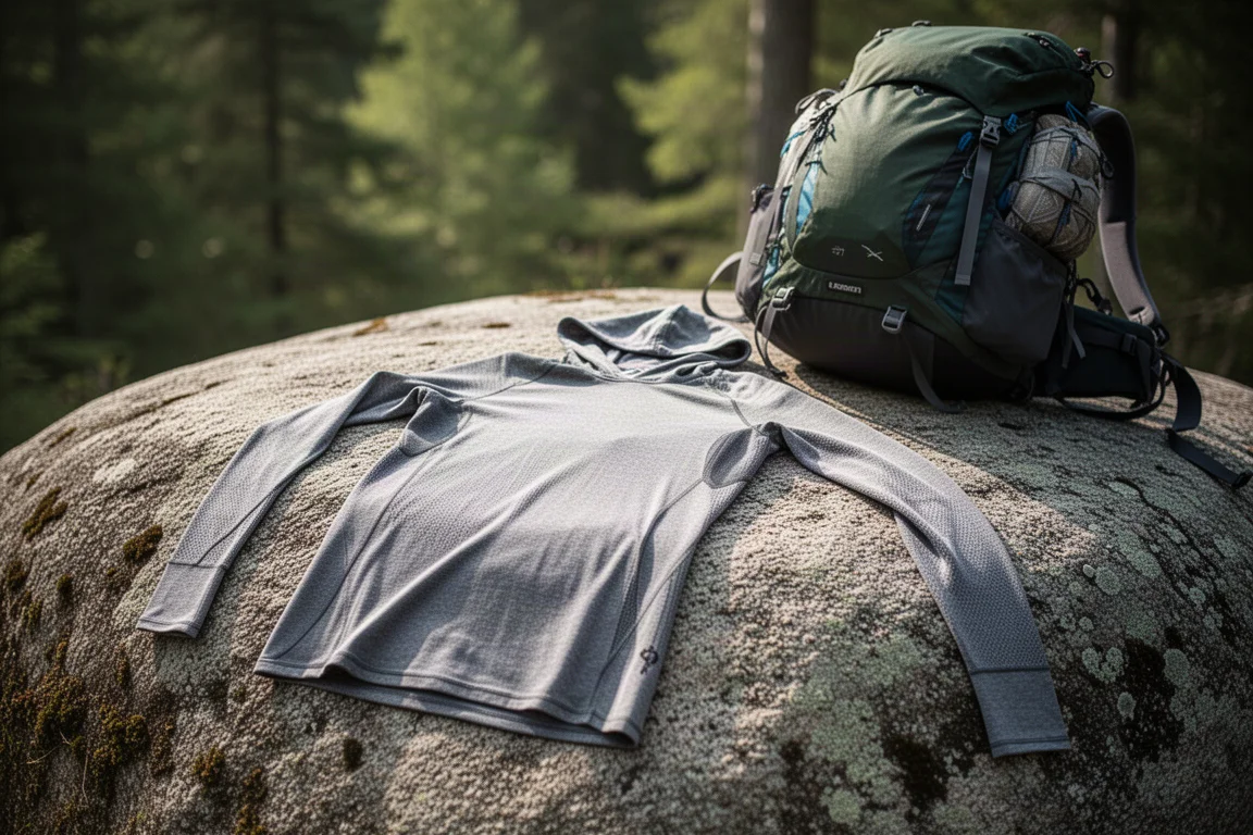 Long-sleeve hooded base layer drying on a sunlit granite boulder
