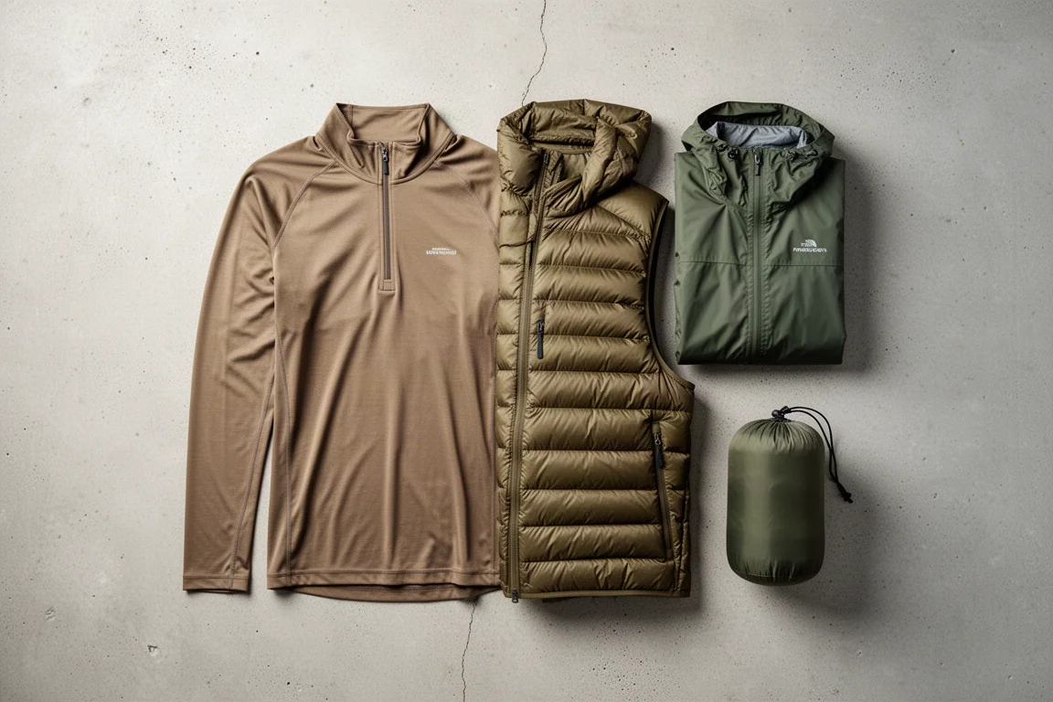 Flat-lay of a summer layering system on a concrete surface