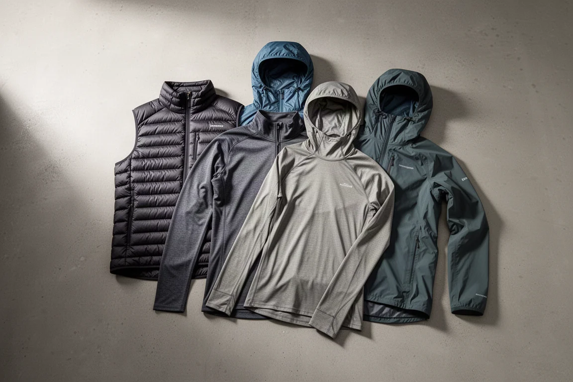 Five lightweight backpacking layers stacked on a concrete surface