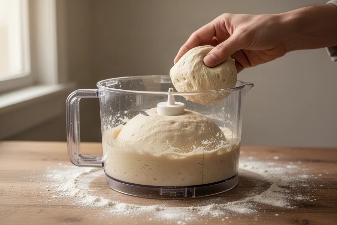 Frischer Pizzateig wird aus der Schüssel eines Foodprozessors gehoben