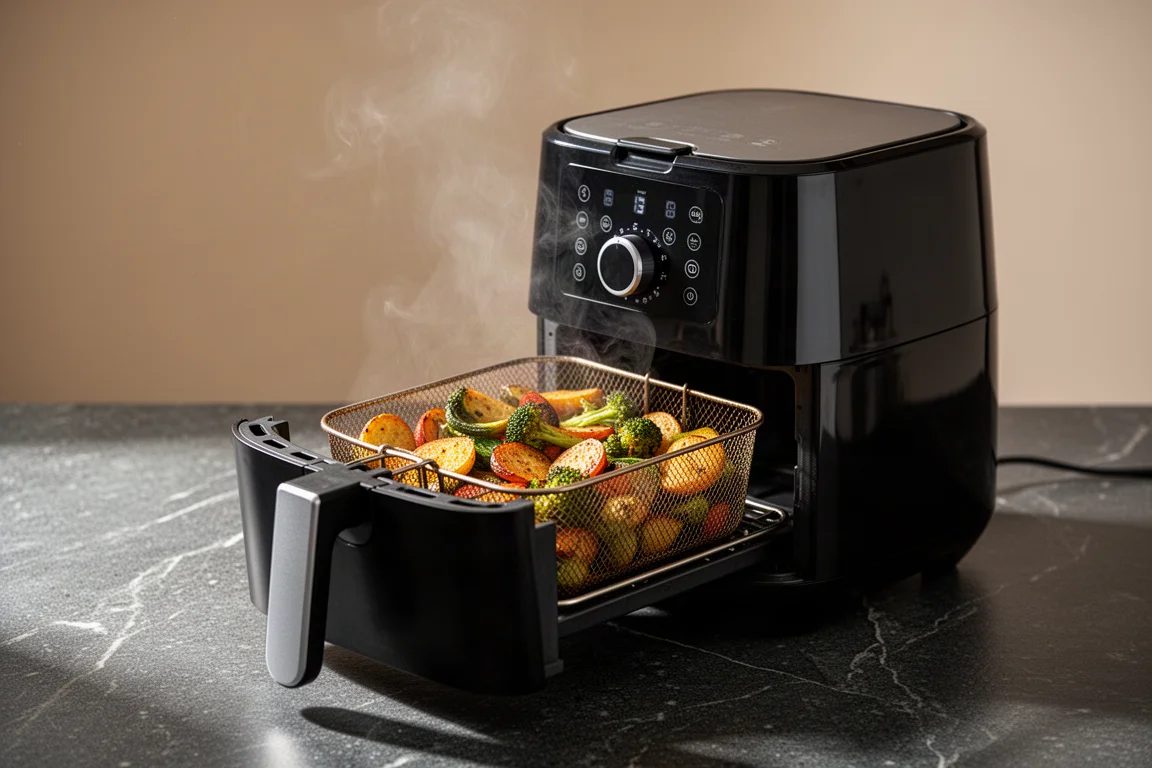 Goldbraune knusprige Pommes in einem Körbchen neben einem Airfryer für die Arbeitsplatte