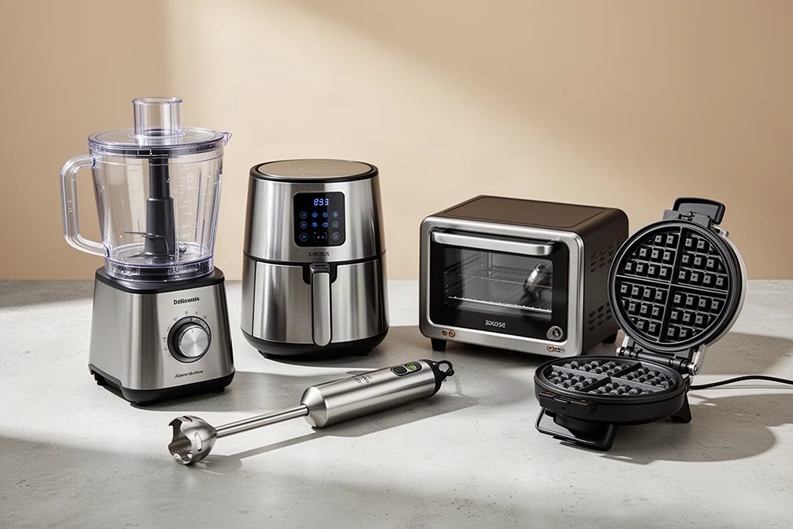 Group of small kitchen appliances including a food processor, air fryer, toaster oven, hand blender, and waffle maker on a grey surface
