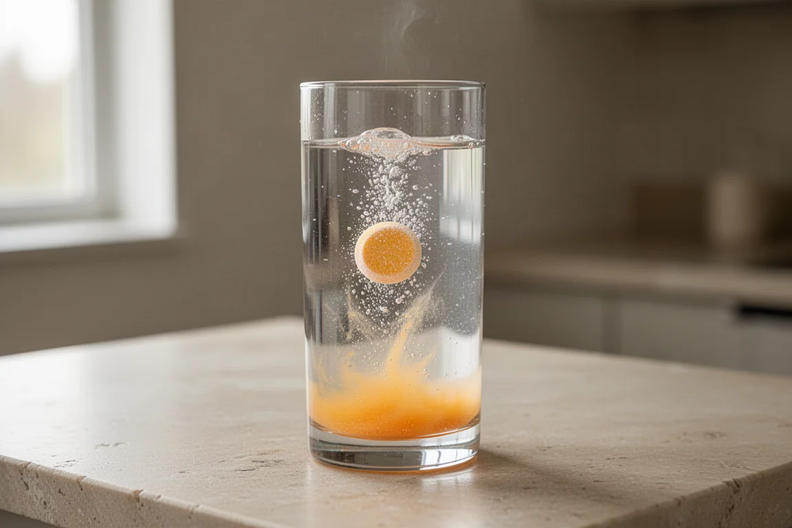 Ett glas vatten med en brusande hydreringstablett som löser sig i det