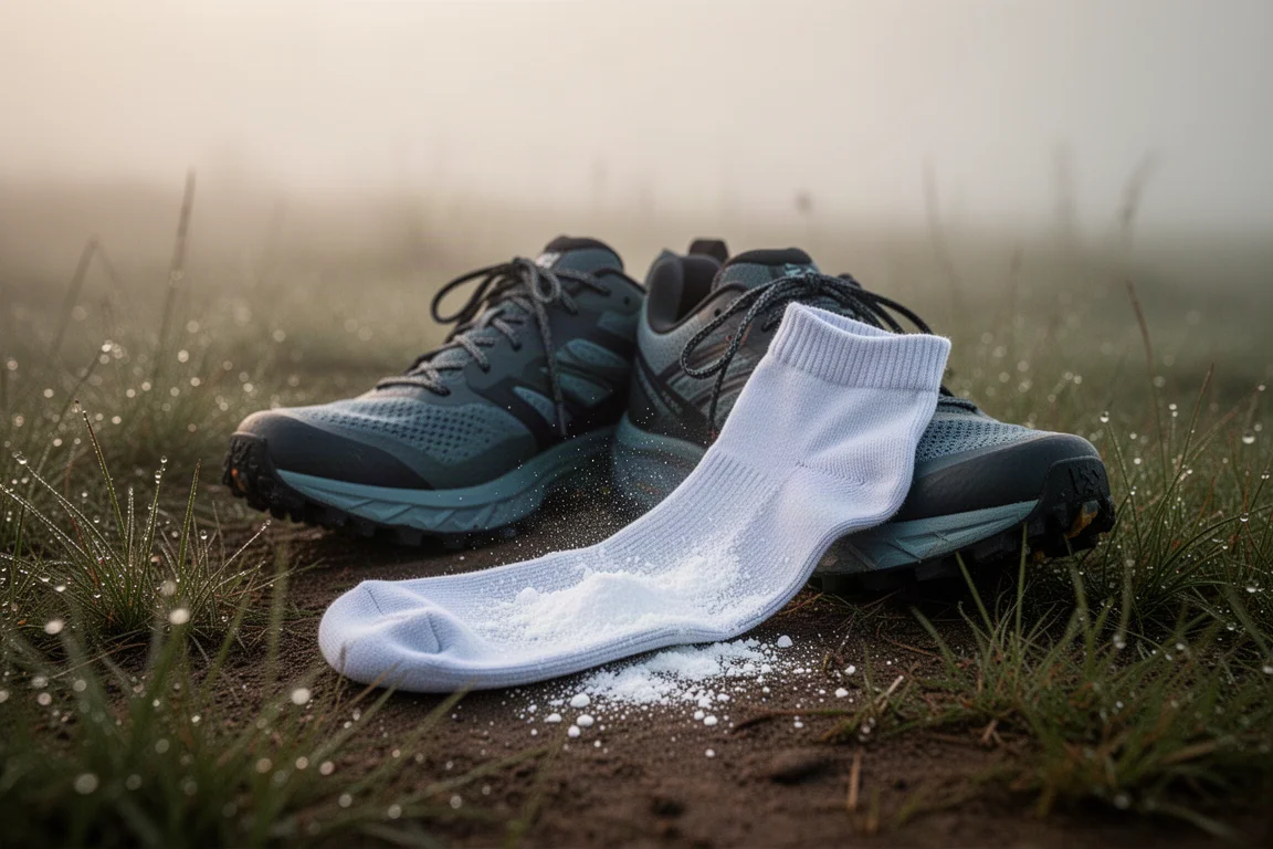 Löparens skor och strumpor behandlade med vitt anti-blåsor-pulver inför ett ultramaraton