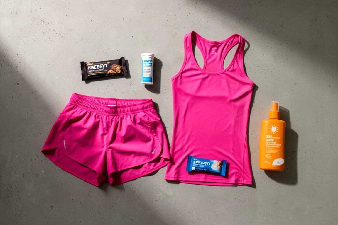 Flat-lay of summer running gear including shorts, tank top, hydration tablets, energy bar and sun spray on concrete