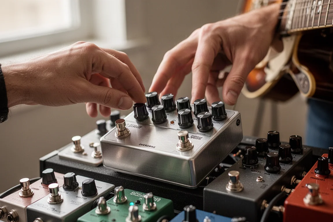 Guitarist's hands adjusting knobs on a double-width overdrive pedal on a pedalboard