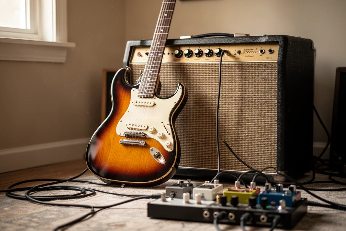 Electric guitar leaning against a vintage tube amplifier in a studio
