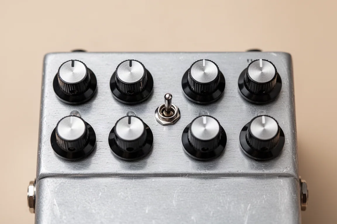 Close-up of a double overdrive pedal showing two identical rows of controls