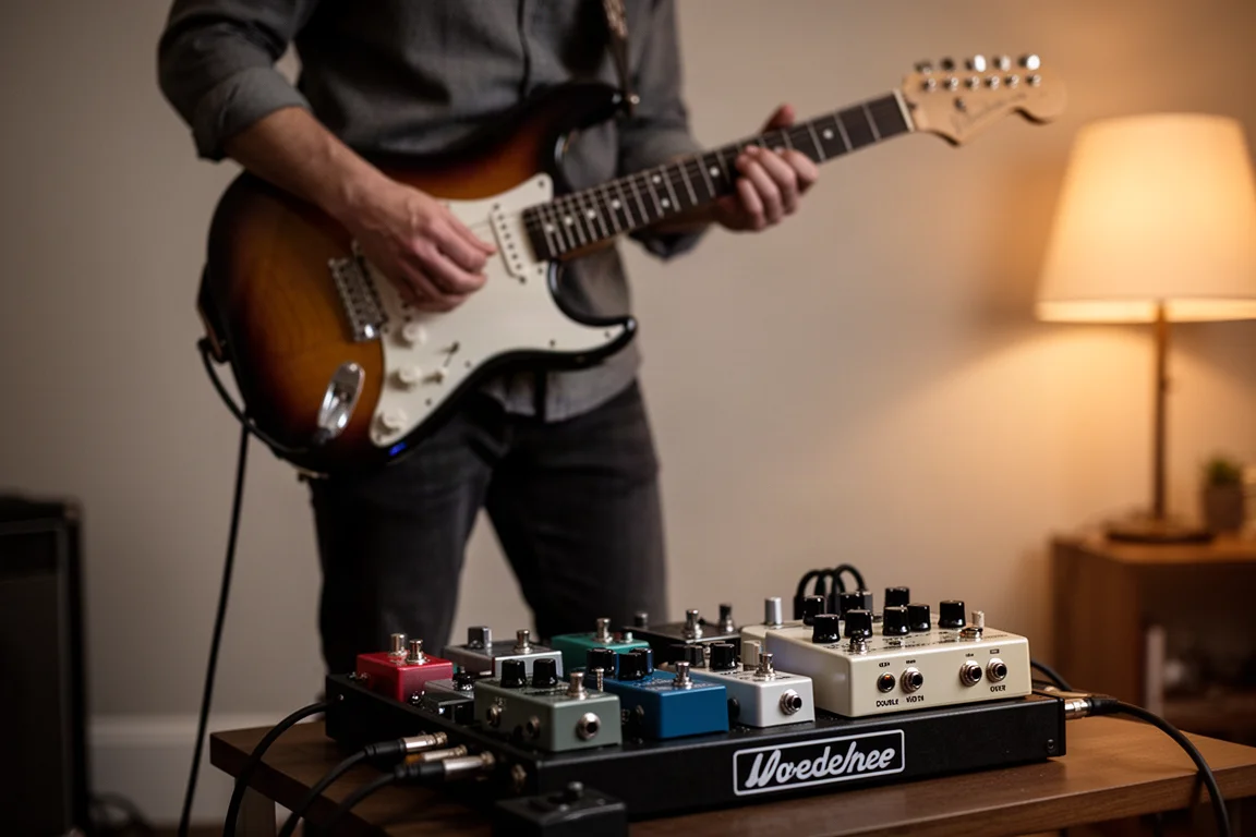 Guitarist playing an electric guitar through a pedalboard in a dimly lit room