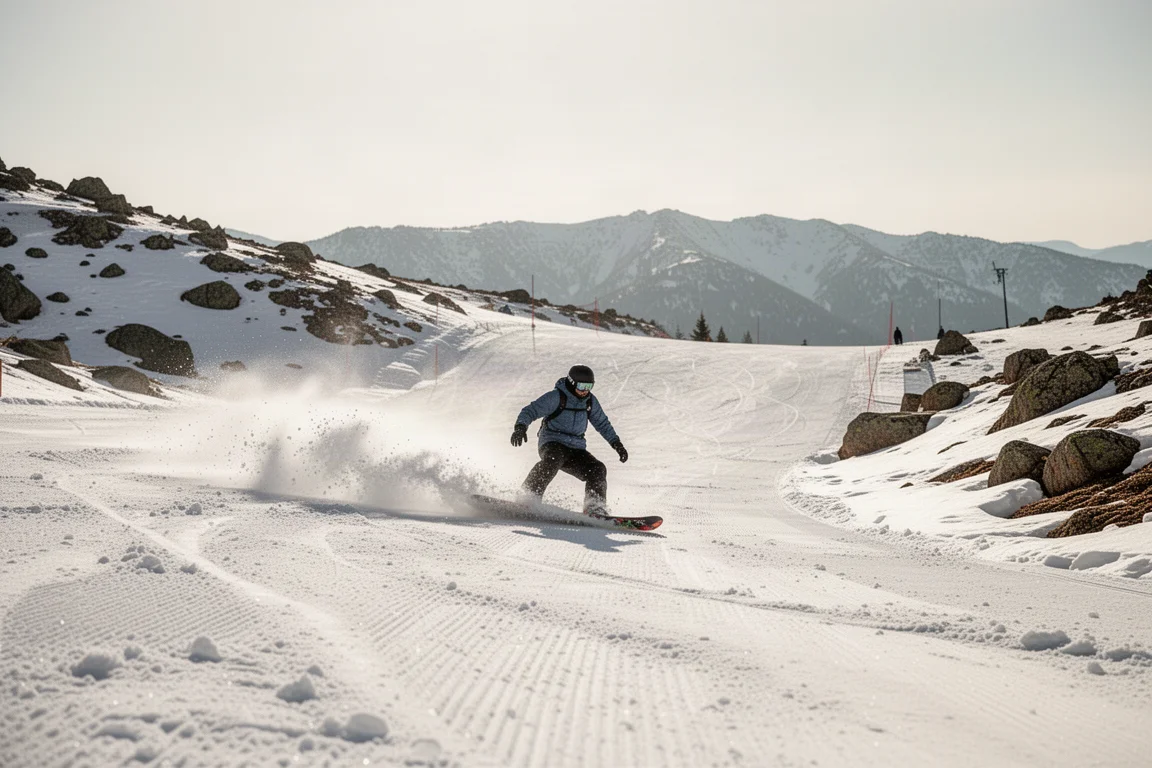 Snowboardeur taillant un virage dans la neige fondue du printemps dans un terrain de park par une journée ensoleillée