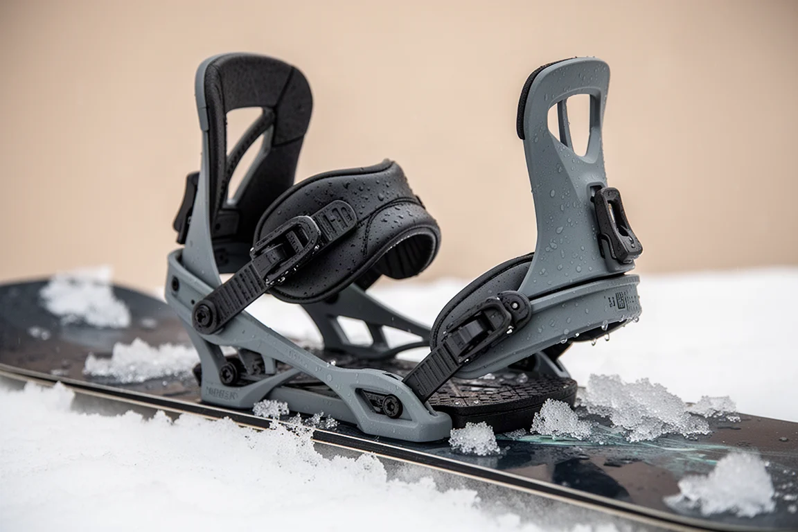 Gros plan sur une fixation de snowboard avec straps et mécanisme step-in sur la neige fondue