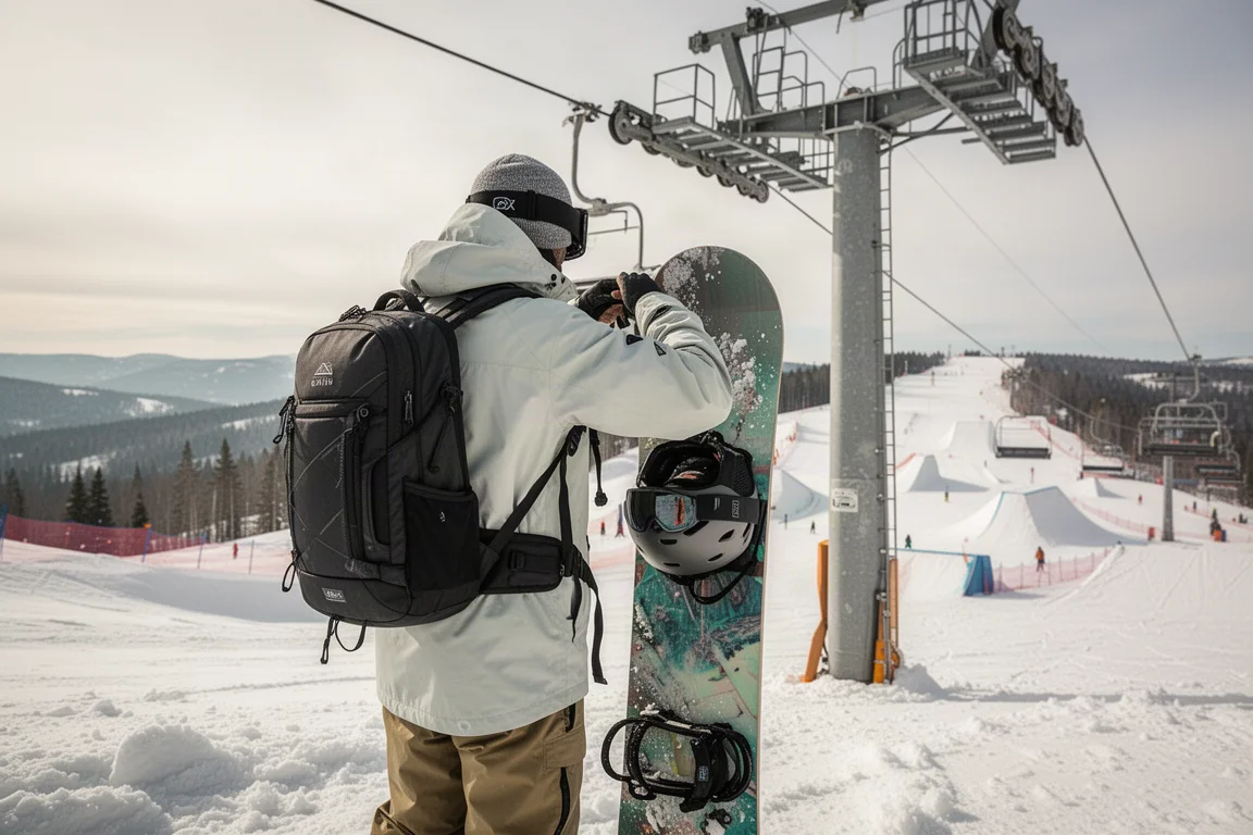 Snowboardeur ajustant un sac à dos à côté d'un pylône de remontée avec un casque accroché