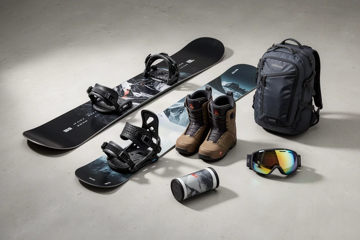 Flat-lay of a snowboard, bindings, boots, goggles and backpack on a concrete surface