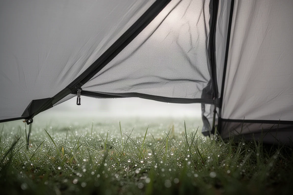 Låg vinkel av ett tälts regnflak upplyft ovanför daggvått gräs med en springa av dagsljus under