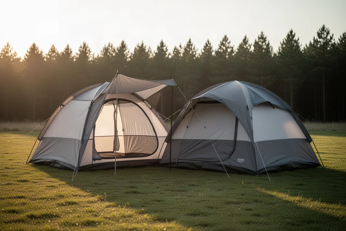Two dome camping tents pitched side by side on a grassy clearing at golden hour