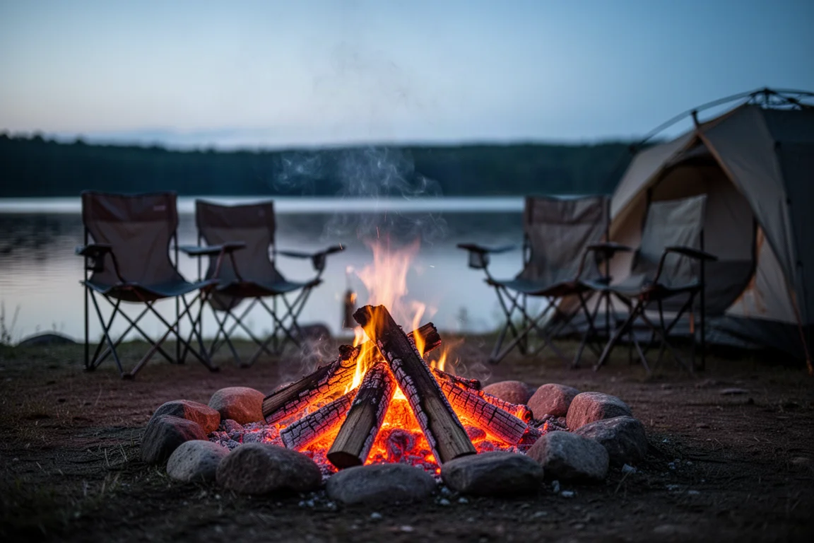 Fogueira brilhando ao anoitecer ao lado de um acampamento à beira do lago com marshmallows assando sobre as chamas