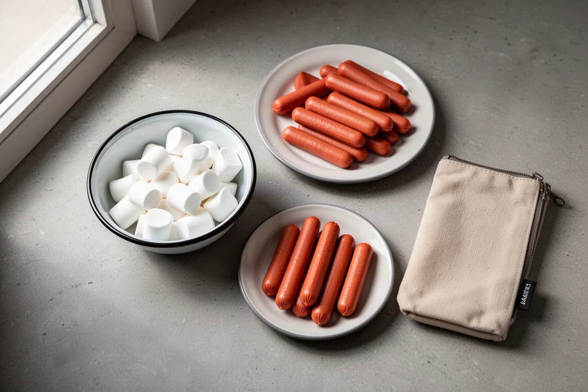 Vista de cima de marshmallows, cachorro-quente e uma bolsa de lona sobre uma superfície de concreto