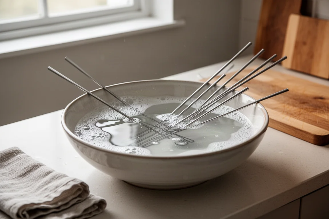 Hastes de aço inoxidável de molho em uma bacia de água com sabão sobre uma bancada de cozinha