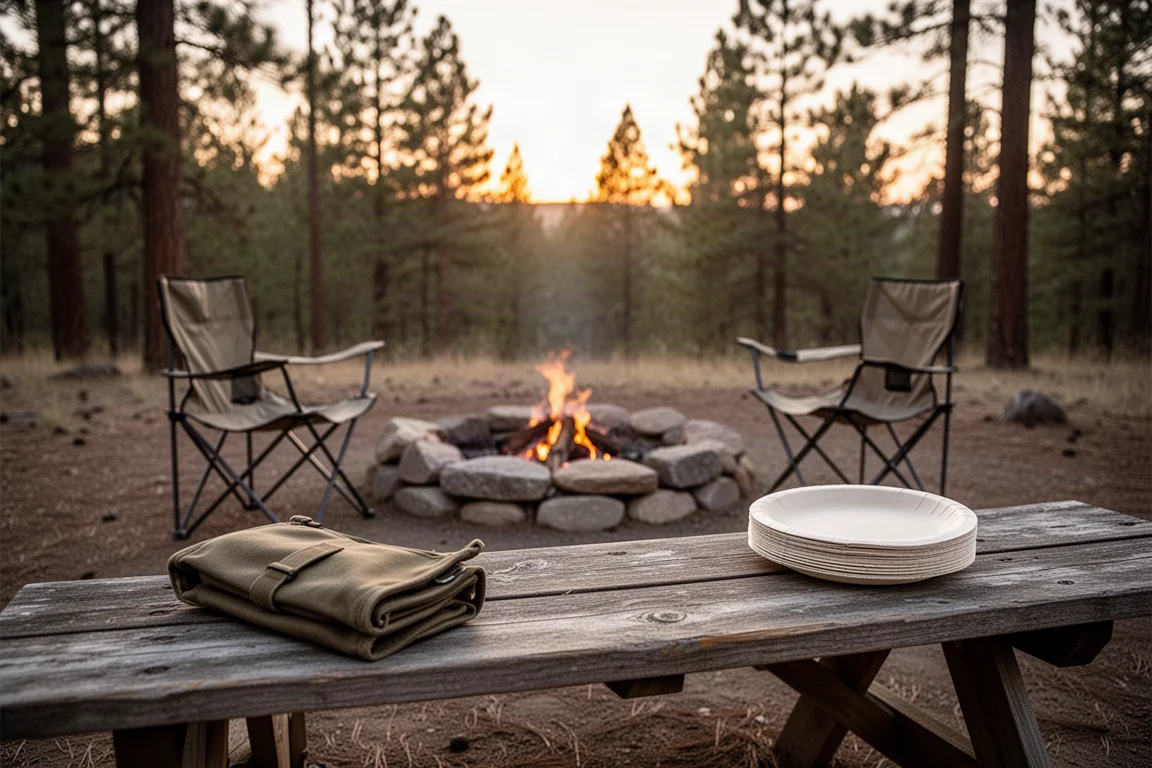 Acampamento à noite com uma fogueira, cadeiras de camping e uma bolsa de lona sobre uma mesa de piquenique