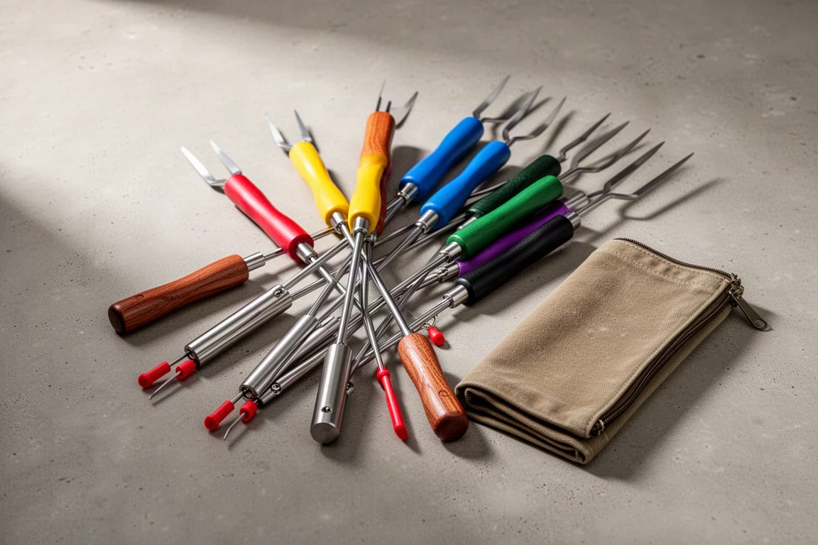 Six telescoping roasting sticks with coloured wooden handles and a canvas pouch on concrete