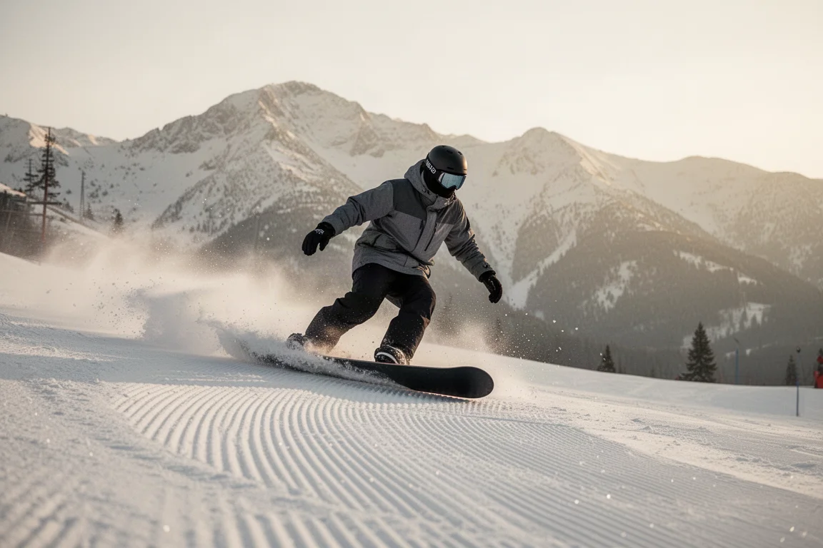 Snowboarder in carving su un tornante toe side su pista appena battuta al mattino