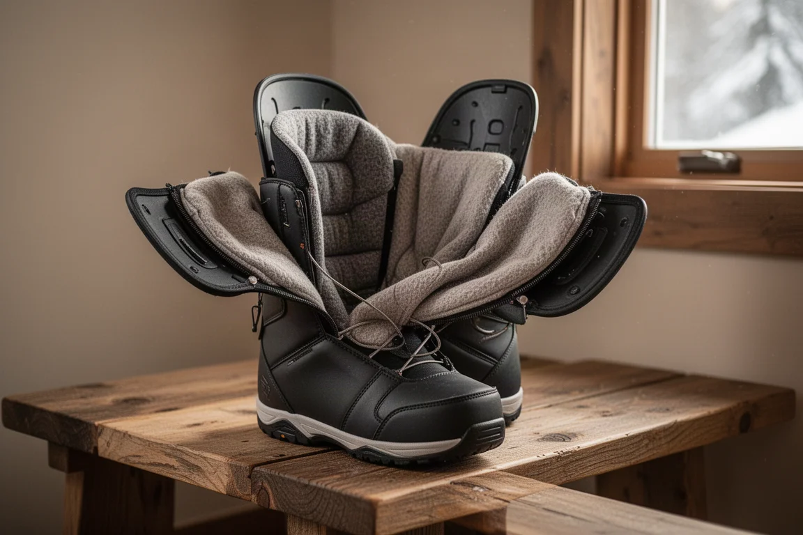 Liner di uno snowboard boot estratto da un guscio rigido aperto vicino al camino di un lodge