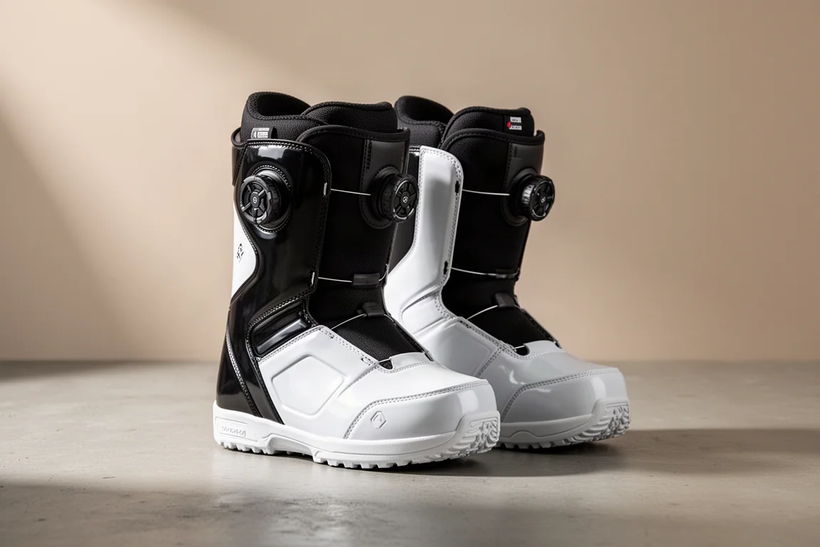 Pair of stiff hard-shell snowboard boots with dial closure on concrete surface