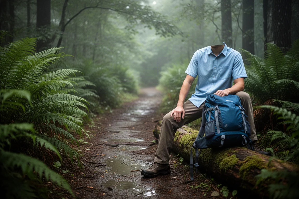 Escursionista con una camicia button-up azzurra accanto a un sentiero nel bosco bordato di felci