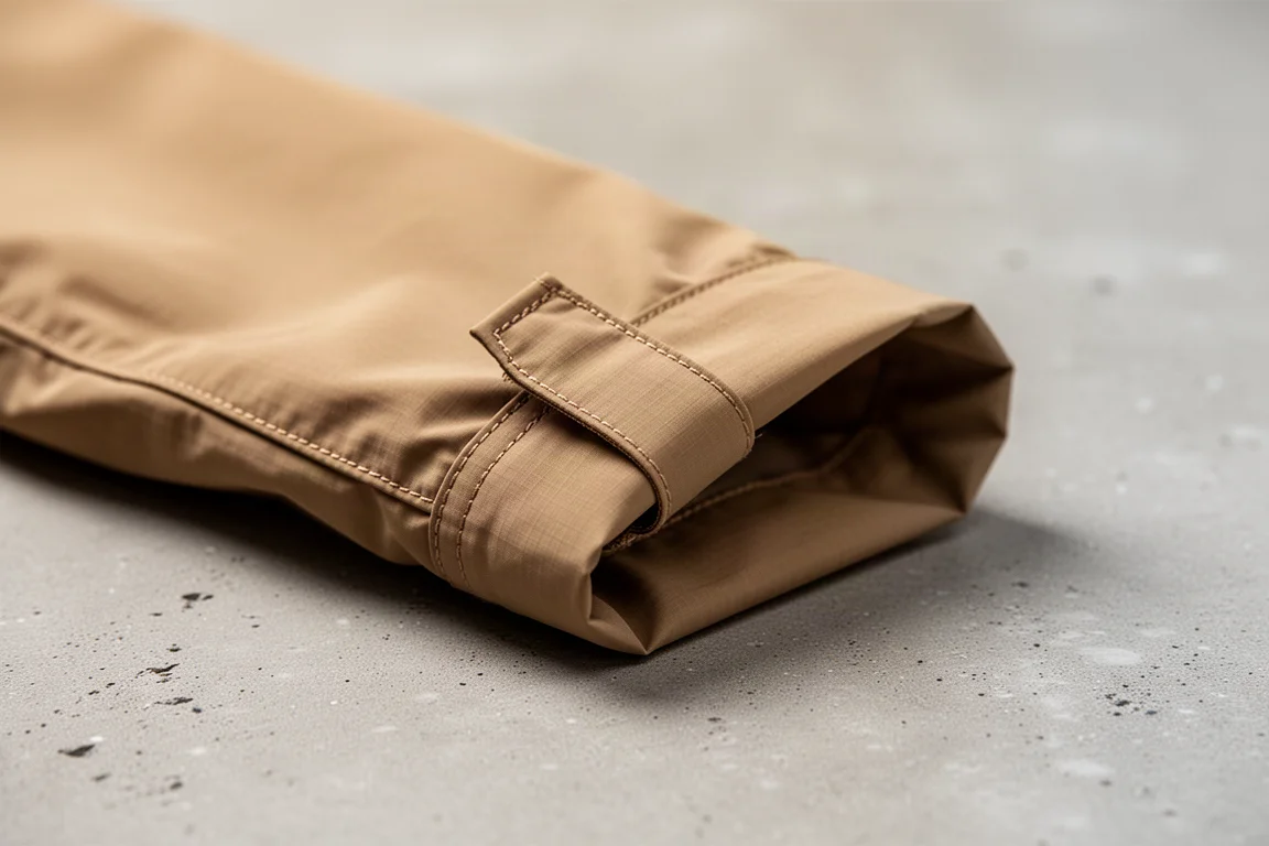 Manica arrotolata su una camicia da escursionismo in nylon fissata con una piccola linguetta in tessuto