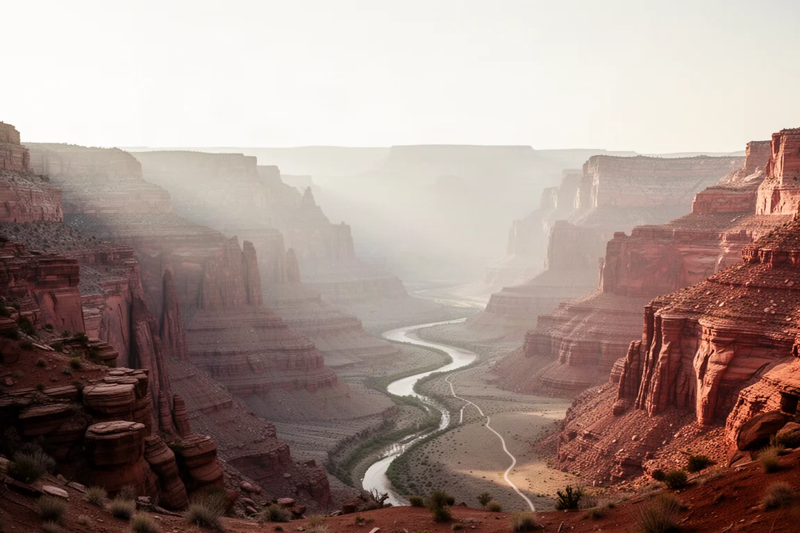 Ampio paesaggio di canyon desertico con un fiume in lontananza in basso a mezzogiorno