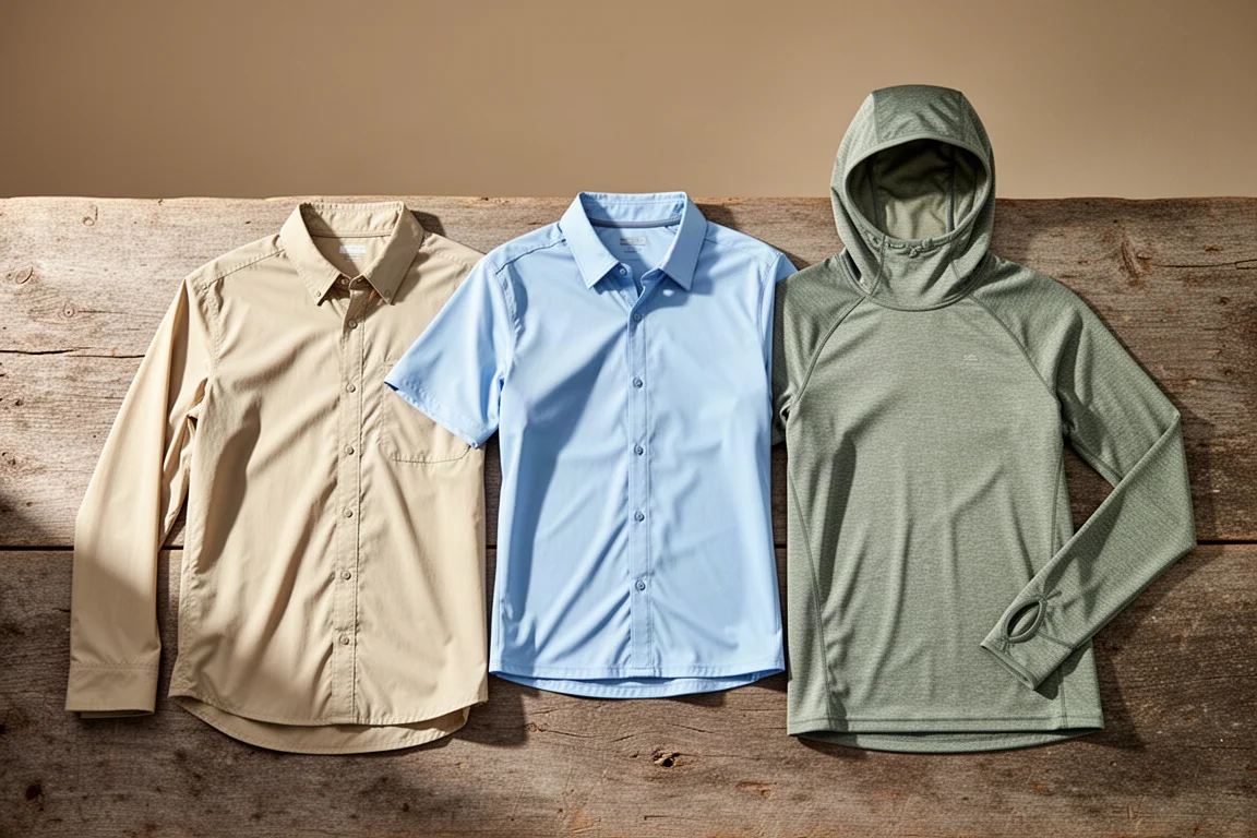Three hiking sun shirts, two button-ups and a hooded top, arranged on a wooden surface