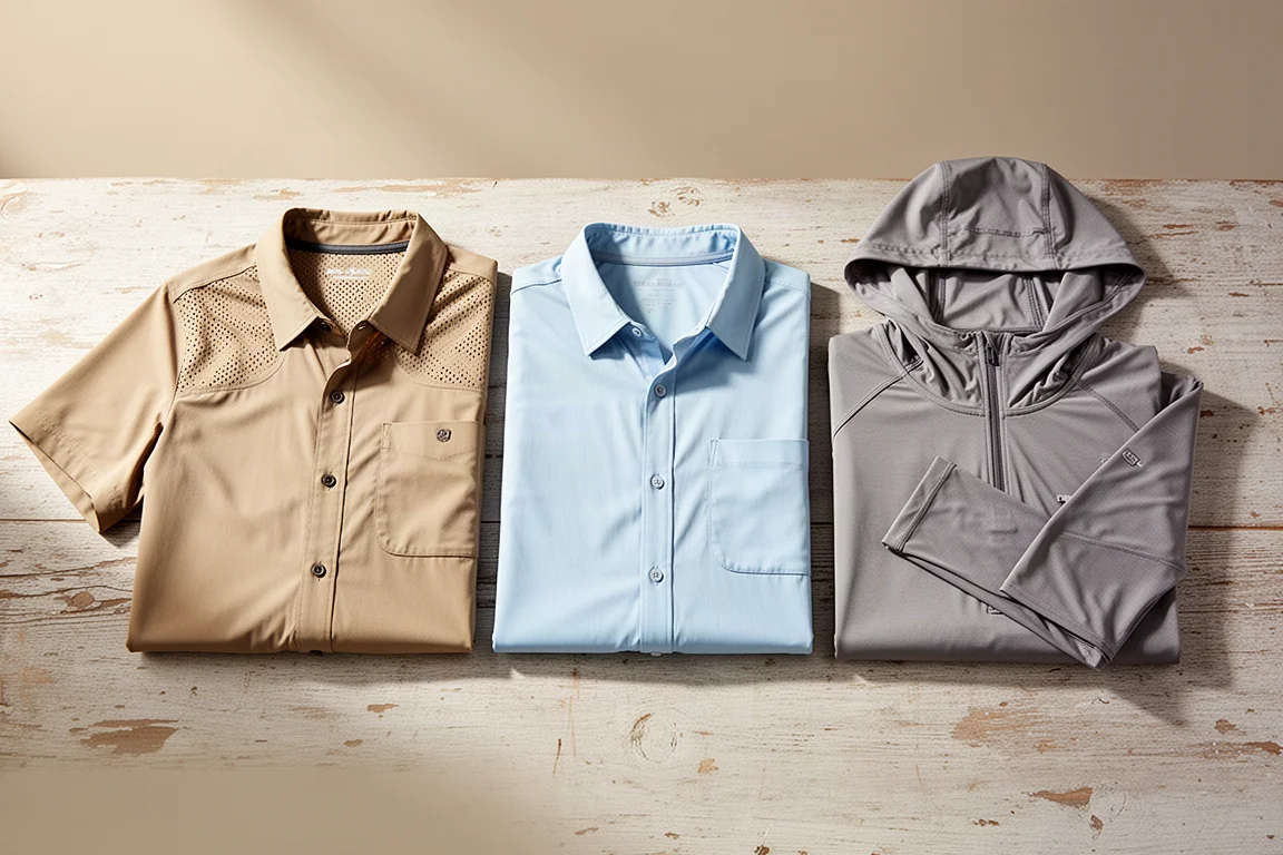 Three hiking shirts, two button-ups and a hooded sun shirt, arranged on a wooden surface