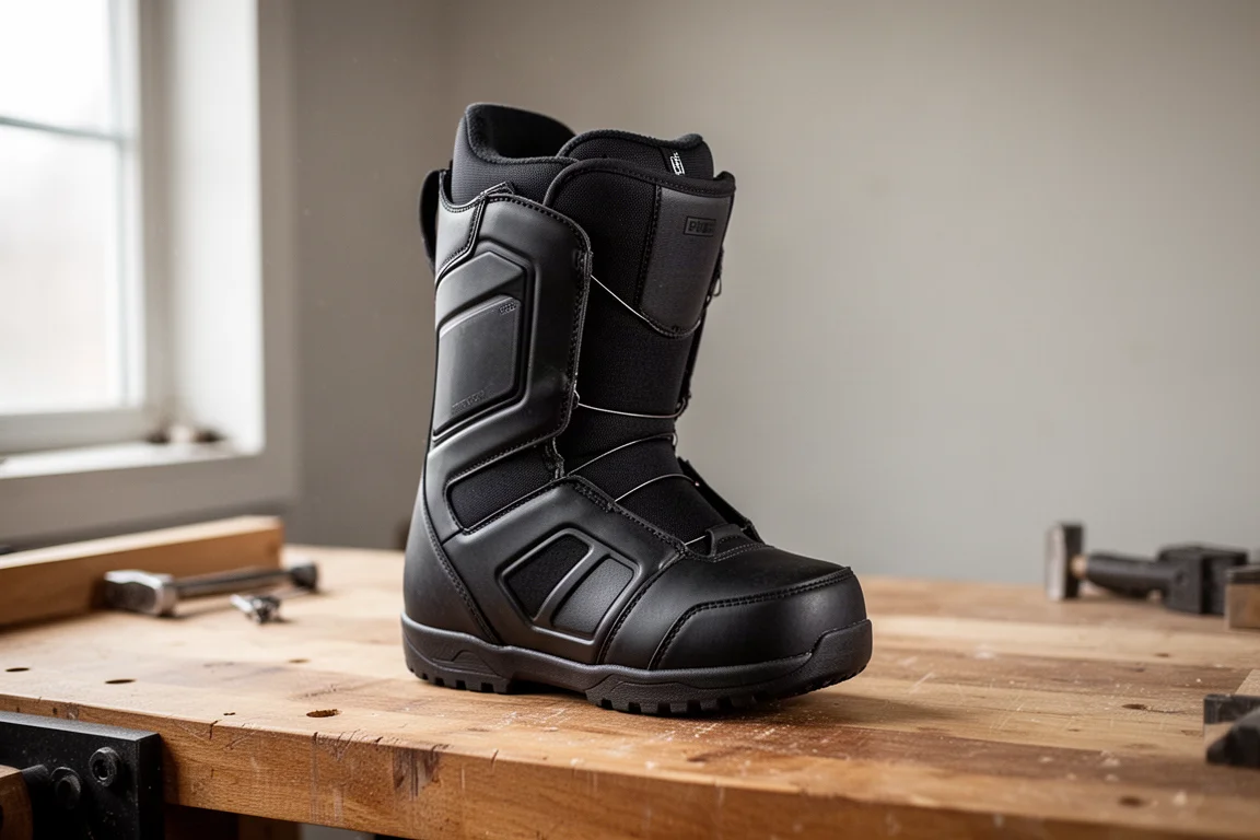 Hardshell-Snowboard-Boot steht auf einer hölzernen Werkbank
