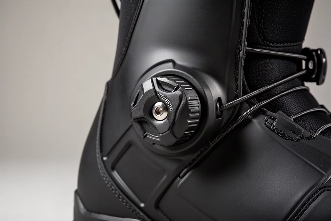 Nahaufnahme eines großen Drehverschlussmechanismus an der Seite eines Snowboard-Boots