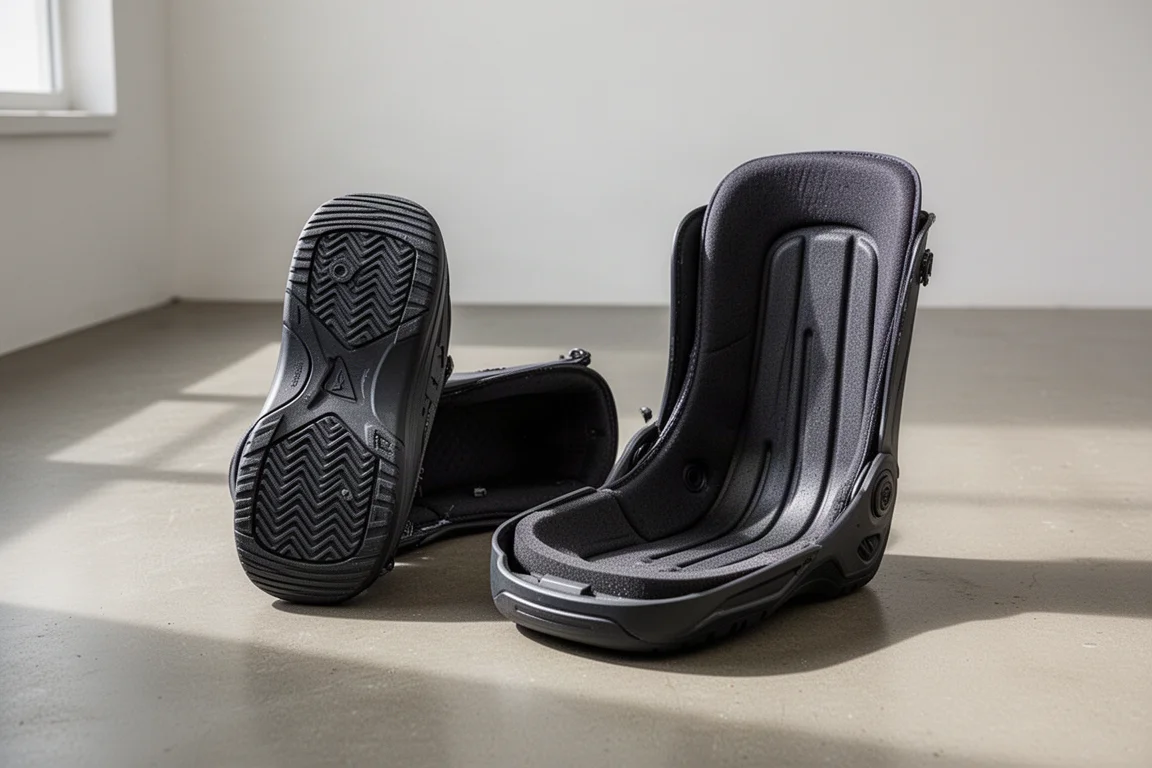 Snowboard-Boot-Innenschuh neben dem Boot auf Betonboden entfernt