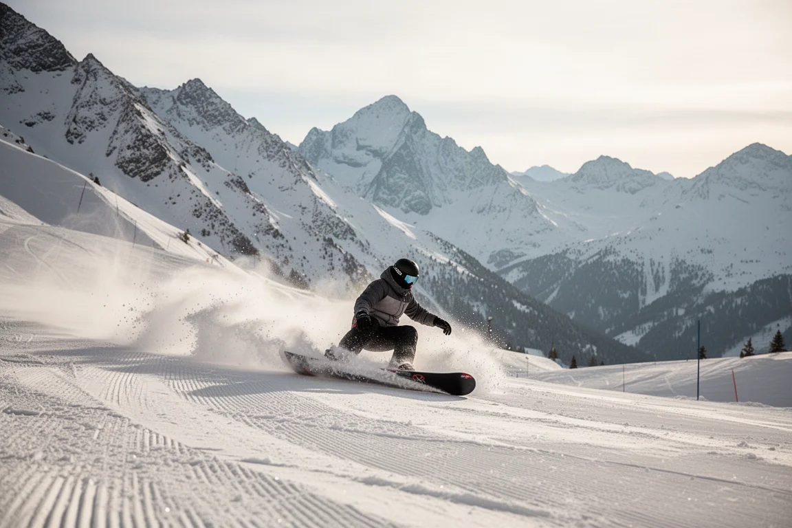 Snowboarder carvingt bei hellem Tageslicht hart auf präparierter Piste