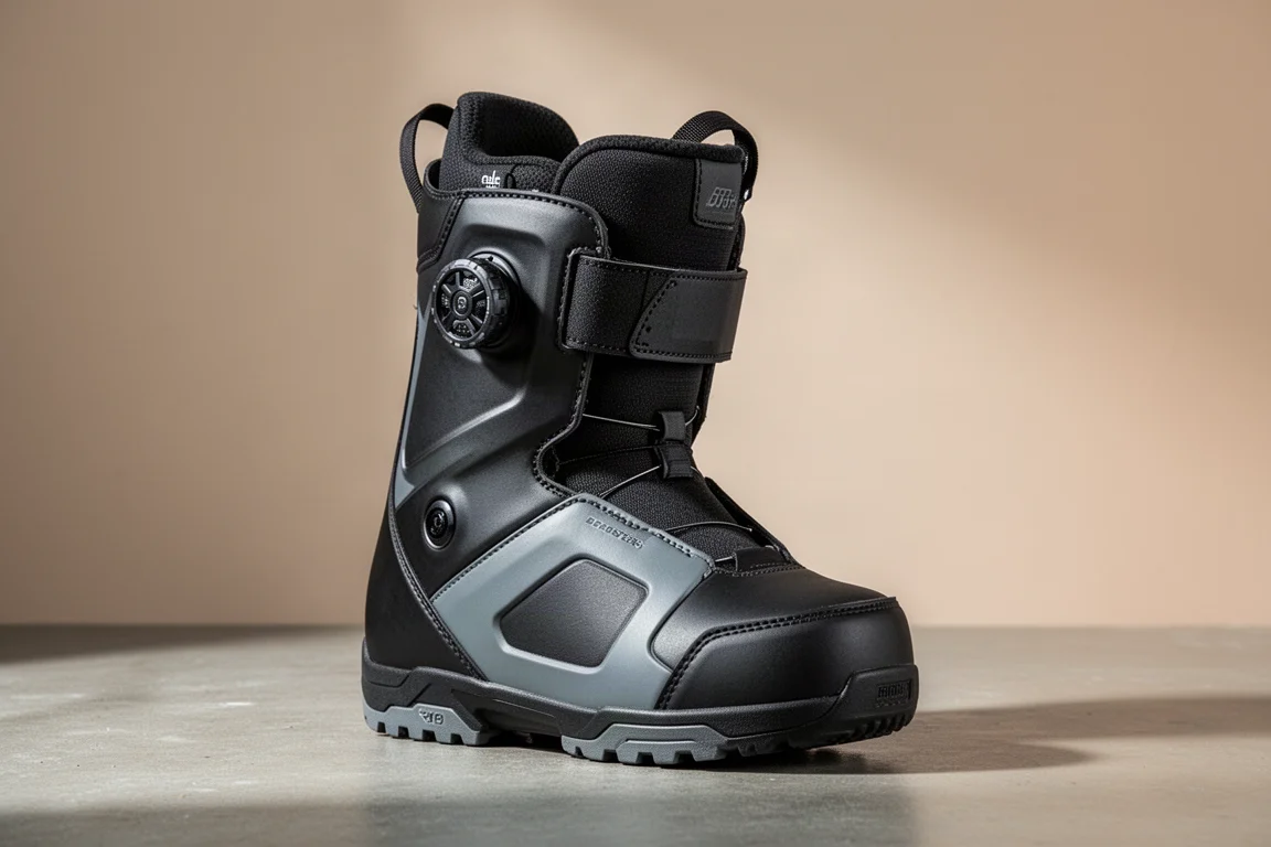 Hardshell-Snowboard-Boot mit Drehriegel-Schnürsystem auf Betonfläche