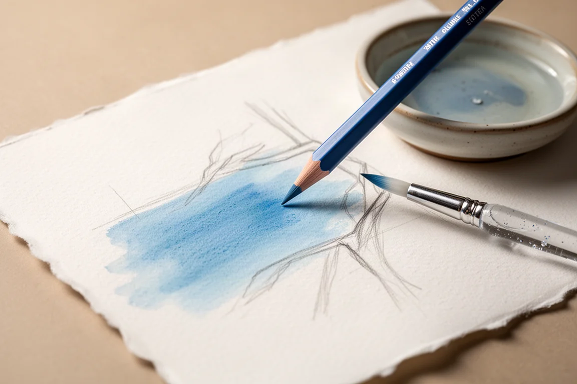 Künstlicher trägt Aquarellstift-Lavierungen über einer Bleistiftvorzeichnung auf Papier auf