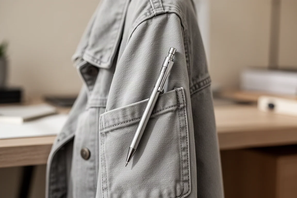 Druckbleistift in der Brusttasche einer Canvasjacke verstaut