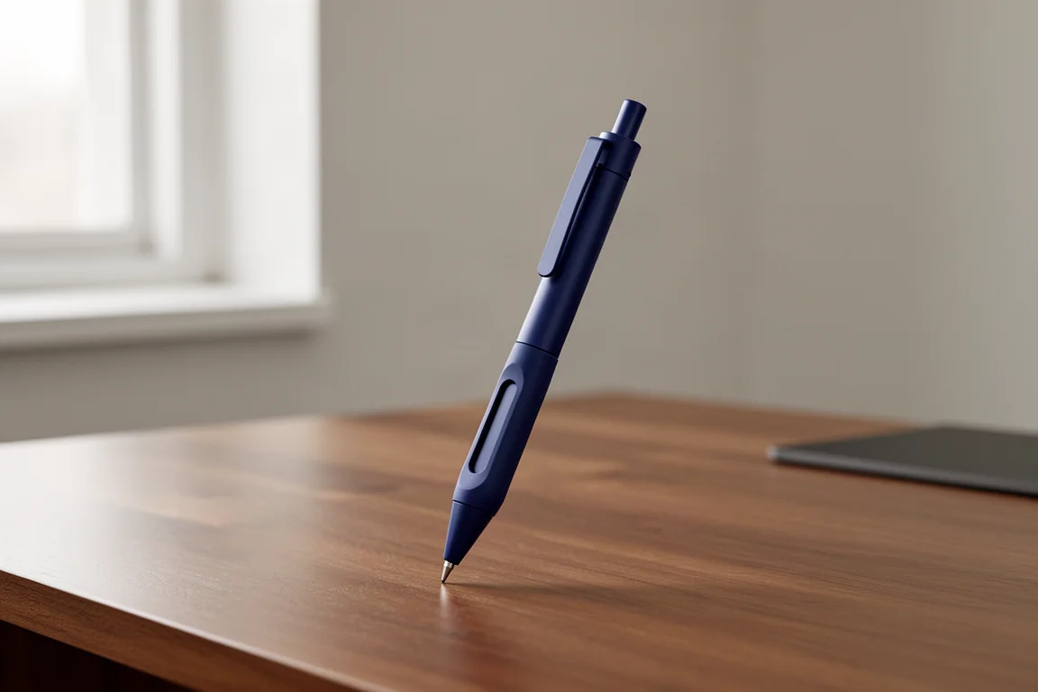 Slim navy mechanical pencil with notched grip on a wooden desk